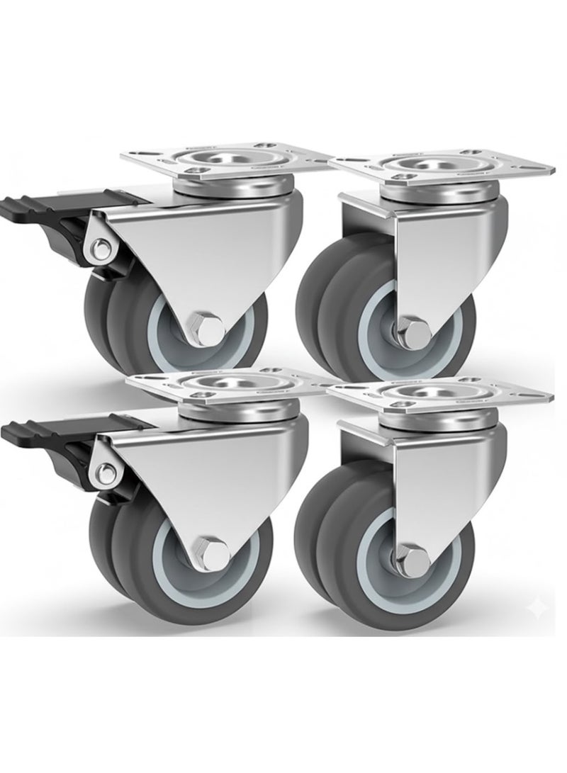 2" Heavy Duty Caster Wheels with 2 Brakes + Screws - up to 880Lbs - Set of 4 No Floor Marks Silent Castor for Furniture - Rubbered Trolley or Pallet Swivel Wheels - Silver Casters - Image 1